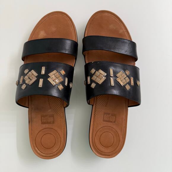 FitFlop Delta Leather Slide Sandals Jewel Beaded Double Strap Casual Boho Sz 10 - Picture 1 of 7